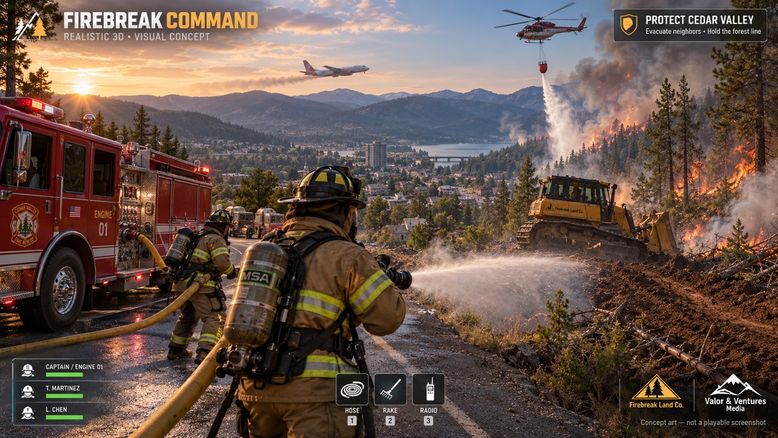 Firebreak Command visual concept showing firefighters, fire engine, dozer, helicopter and fixed-wing support protecting Cedar Valley