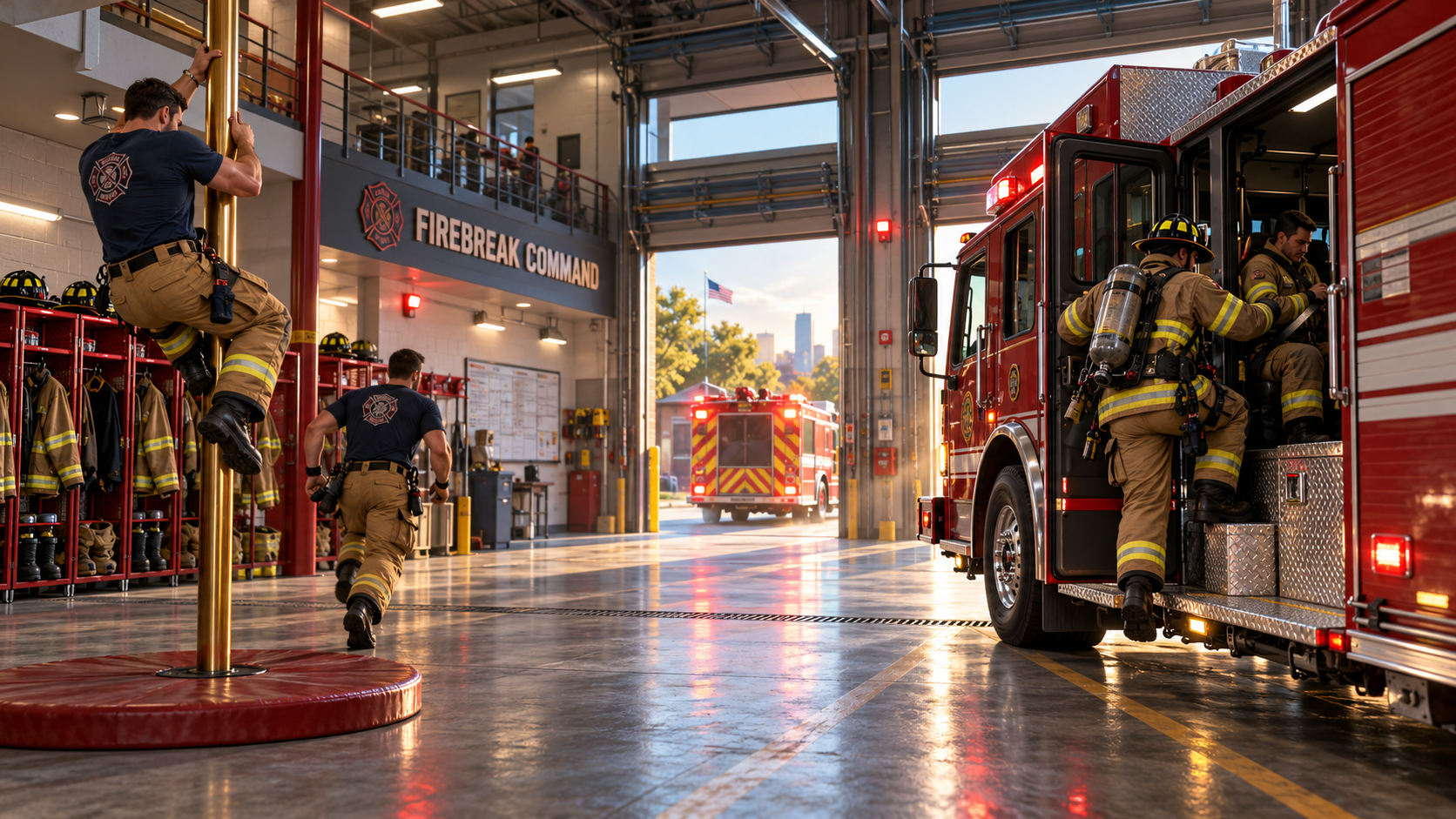 Firefighters sliding down a brass firehouse pole, moving toward apparatus, boarding a red engine, and responding as another engine departs through the open bay